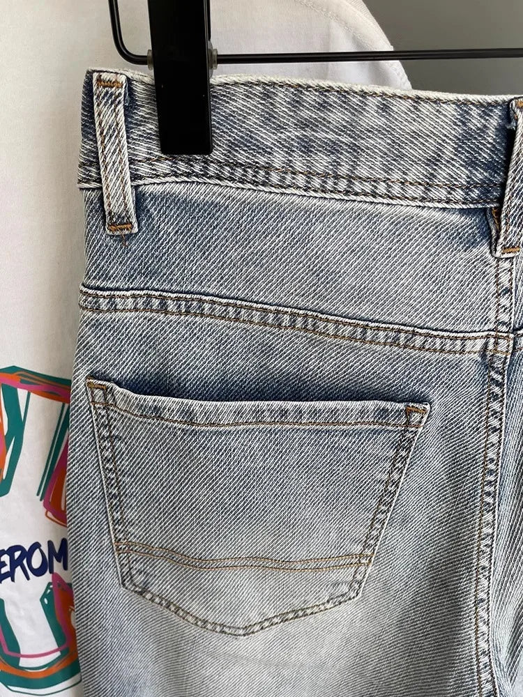 Light Blue Embroidered Jeans Men's Summer Slim Fit Nine-Piece Waed Casual Pants Breathable Straight Leg Jeans Youth Trend