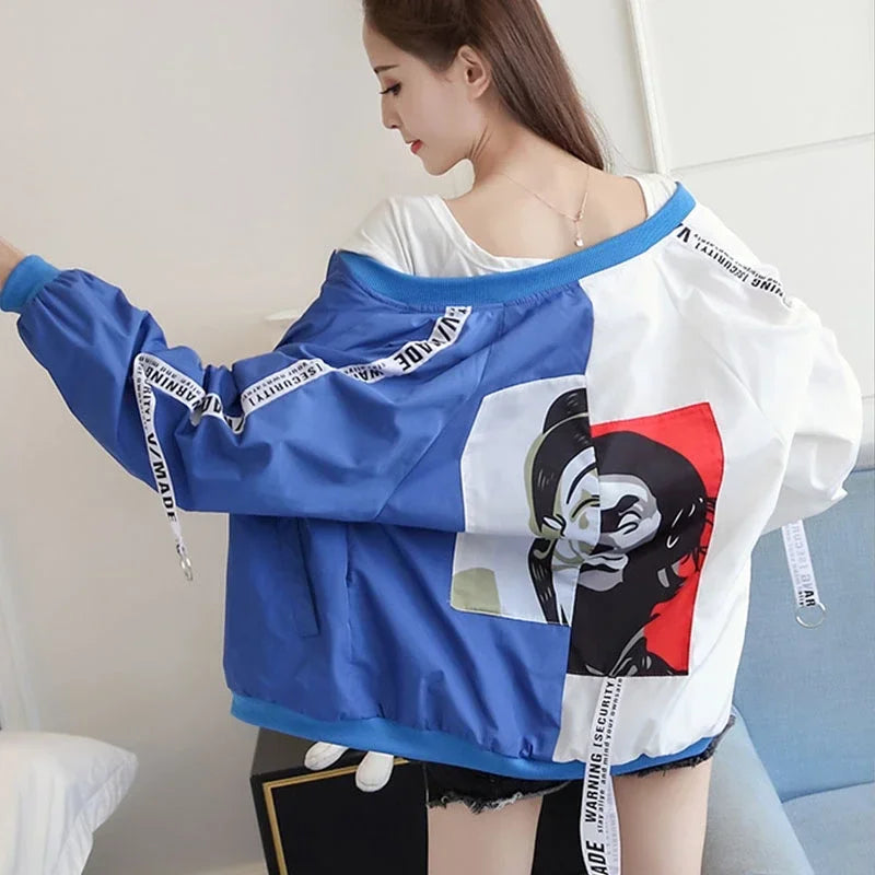 Short Jackets Women New Summer Basic Fashion Thin Color Collision Long Sleeve Windbreaker Outwear Bomber Female Baseball Coat