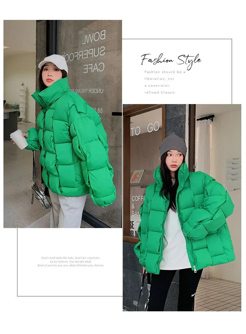Winter Jacket for Women Three-dimensional Plaid Woven Fashion Coat Solid High Street Warm and Thick 2023 Winter New Down Jacket