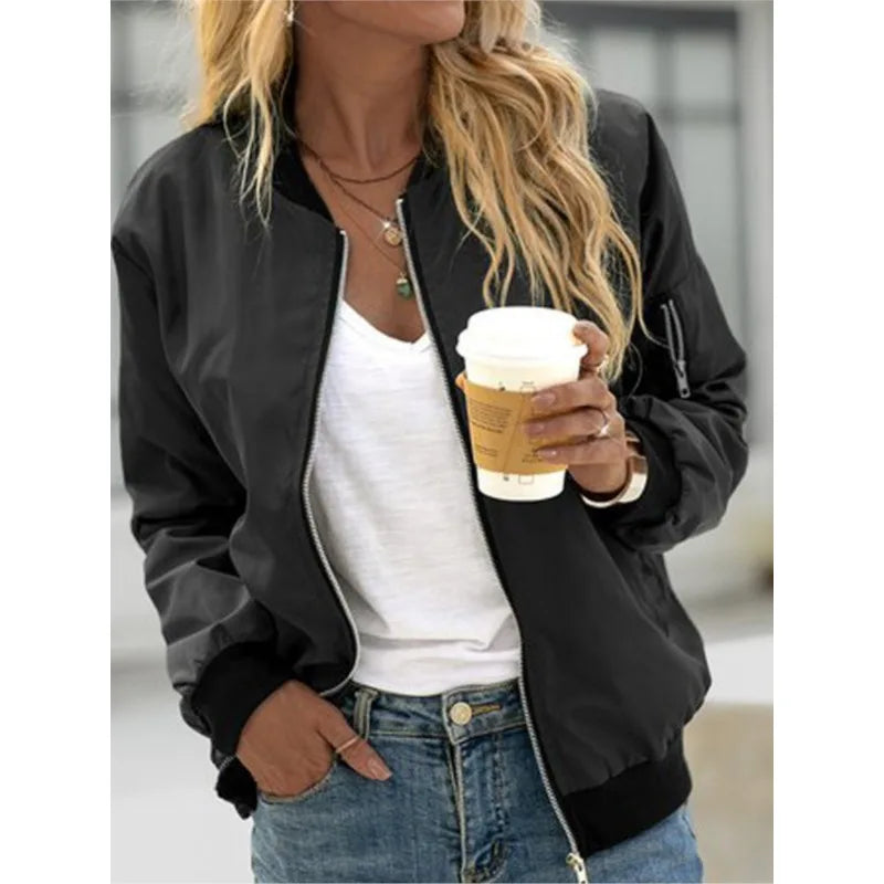 Women Fashion Casual Jacket 2025 Autumn Solid Color Spring Coat Long Sleeve Stand Collar Zipper Basic Women Motorcycle Jackets