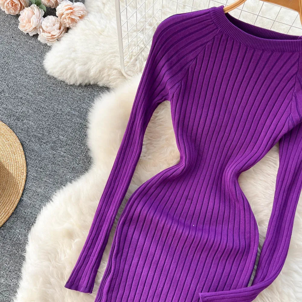 Women Knitted Dress O Neck Sexy Slim Elastic Oversized Basic Bodycon Long Dress Winter knit Warm Sweater Dresses