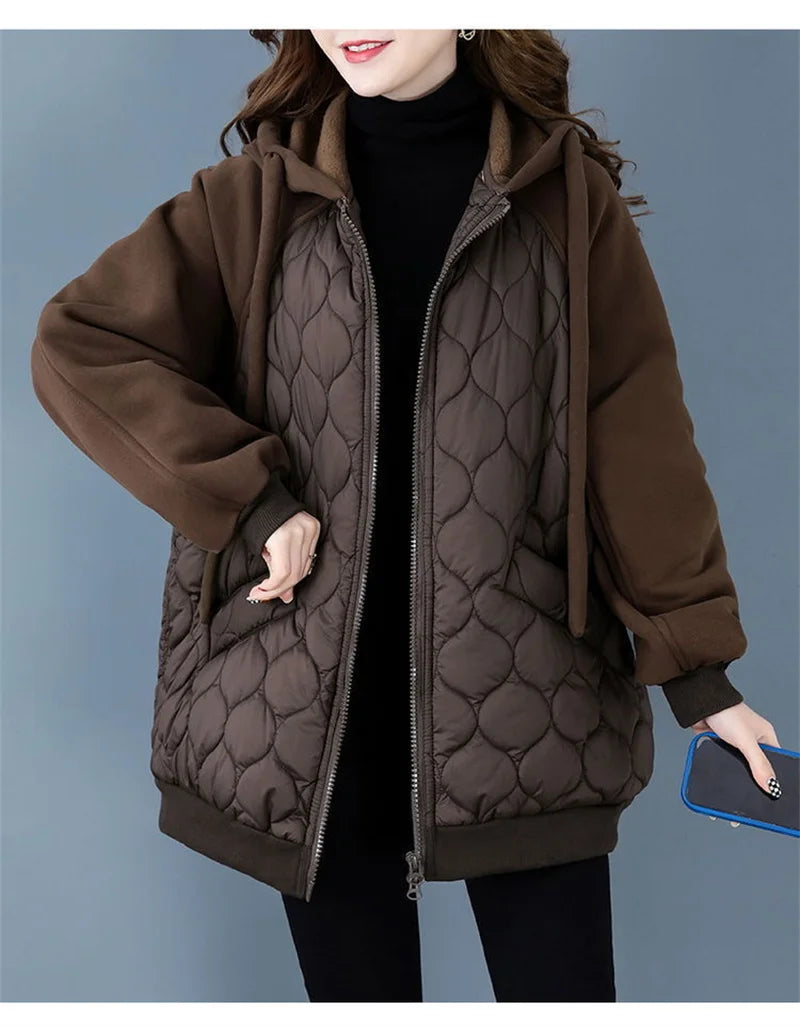 Autumn/Winter Jacket Women Hooded Splice Down Cotton Coat 2023 European Station Large Size Loose Cotton Jacket Female Outerwear
