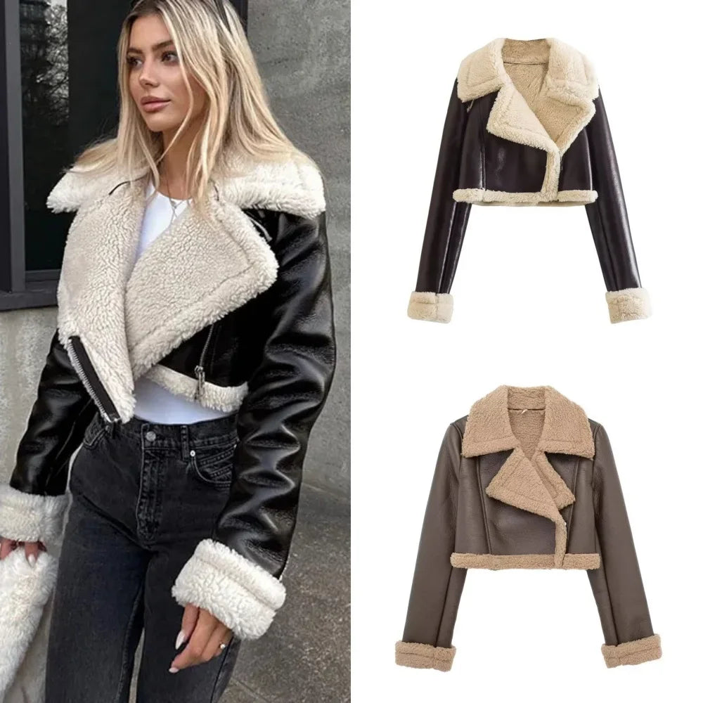 Women's Cropped Leather Jacket Coat Black Wool Blends Coats Bomber Tweed Jacket Autumn Winter Leather and Fur Crop Jacket