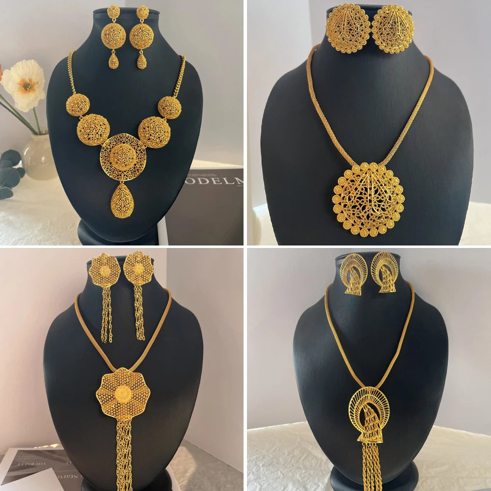 Nigerian Jewelery Set Wedding Jewelry For Women Dubai 24K Gold Color Jewlery African Designer Earrings Bridal Necklace