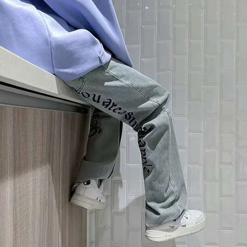 Man Fashion Casual Jeans Male Hip-hop Chic Loose Straight Leg Brand Retro Streetwear Pants Letter Print Goth Punk Baggy Trousers