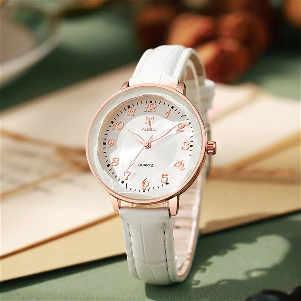 Women's Watch Simple Arabic Numerals Quartz Watch Fashionable Pink Leather Lady Business Clock Wristwatch