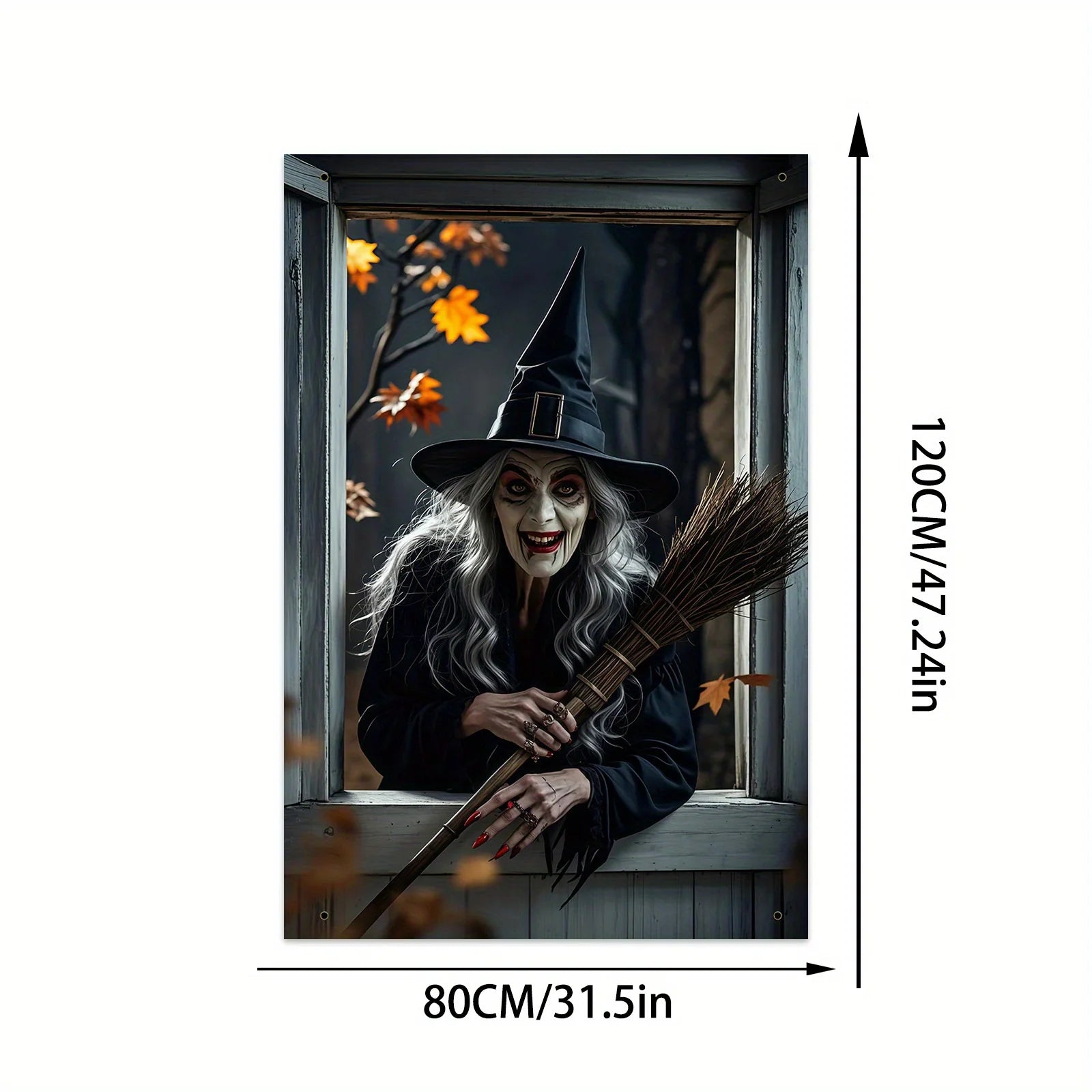 Halloween party, eerie witch window decoration with black cats and brooms, haunted house garden theme