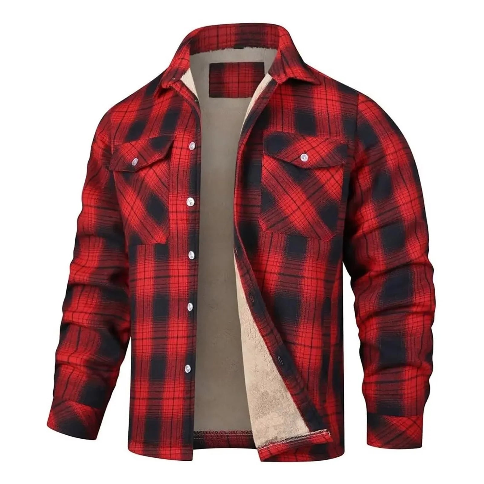 Men Fall Winter Jacket Plaid Print Lapel Soft Plush Long Sleeve Single-Breasted Loose Thickened Casual Mid Length Men Coat