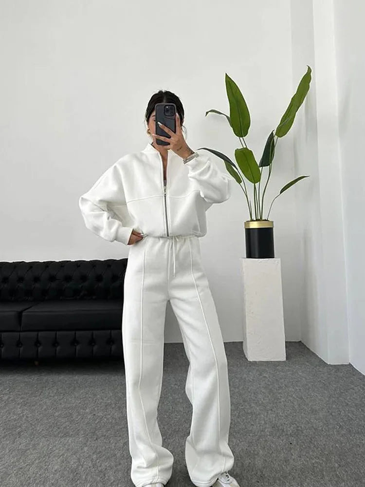 Women Sweatsuit Set Vintage O-neck Zipper Bomber Jackets High Waist Loose Pants Suit Female 2025 Spring Fashion Lady Sportswear