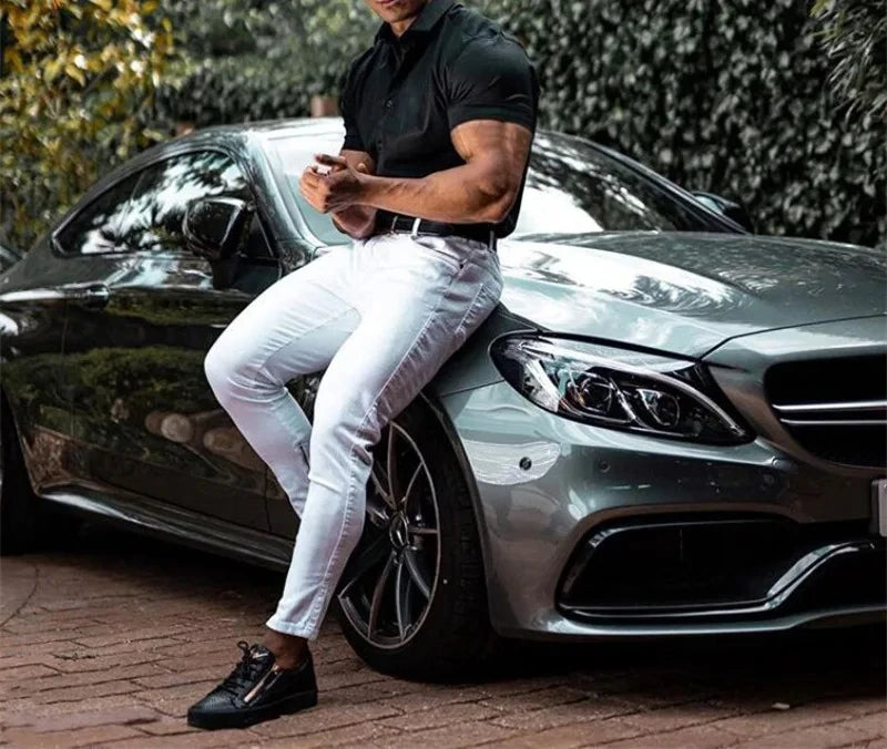 Men's Single-breasted Shirt Casual Cardigan Short-sleeved Lapel Shirt Slim-fit Elastic Sports Fitness Solid Color New Summer