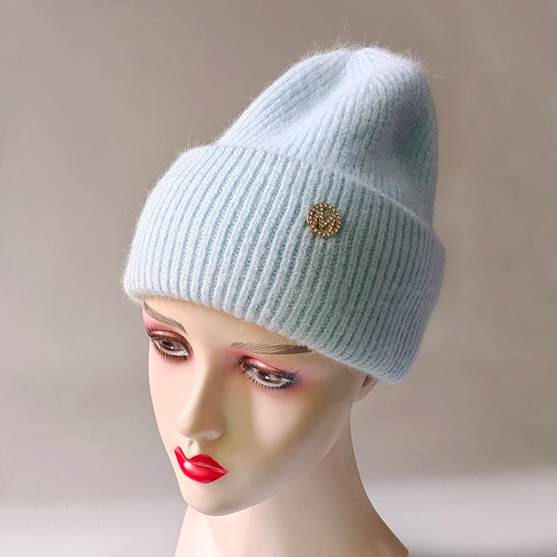 Winter Hats For Women Rabbit Fur Beanie Hat Woman Knitted Skullies Beanies Solid Wool Soft Autumn Winter Cashmere Caps Bonnet