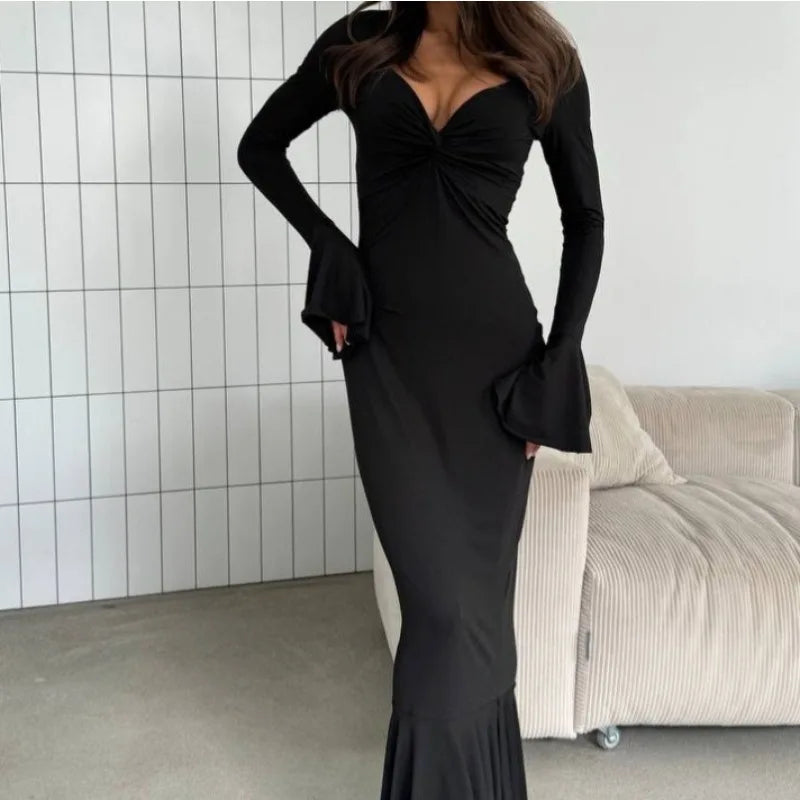 2025 Autumn and Winter New Women's Long Dresses Fashion Sexy V-neck Ruffle Sleeve Long Sleeve Skirts