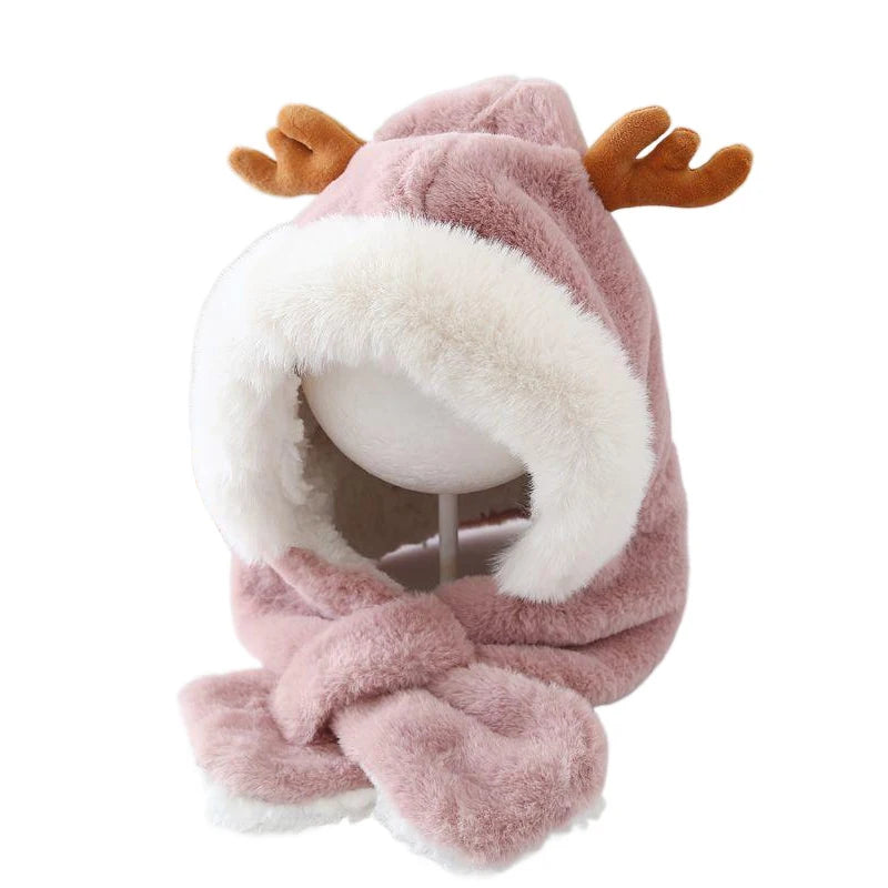 Winter Kids Hat for Boy Girl Cartoon Deer Antler Scarf One-Piece Faux Fur Baby Bonnet Thicken Infant Earflap Cute Christmas Gift