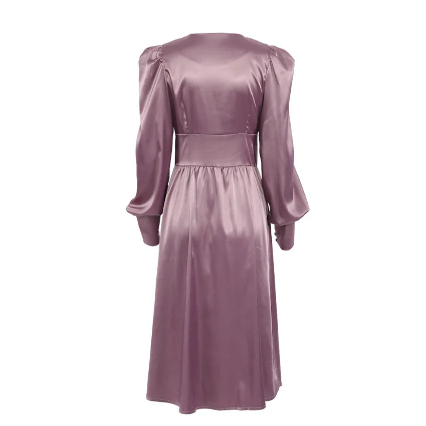 Autumn and Winter Women's Long Dress V-neck Satin Waist Retro Dresses for Women
