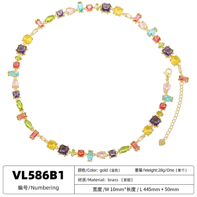 ZHUKOU 18K Golden Plated Colourful Crystals Elegant Collarbone Necklace Ladies Beaded Bracelet Ladies Jewellery:VL585 VL586