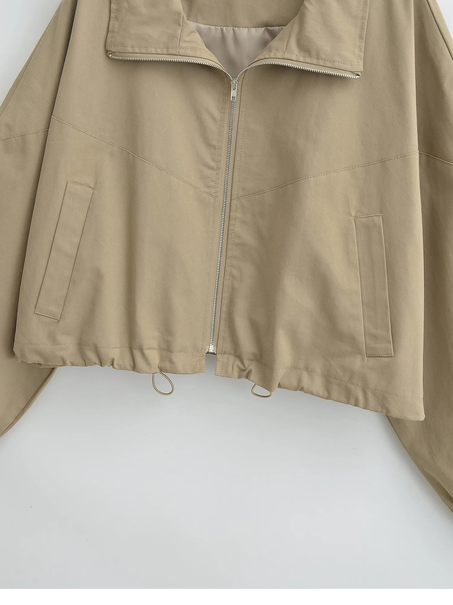 Women's Cropped Utility Jacket - Drop Shoulder Drawstring Hem Ribbed Cuffs Lightweight Cotton