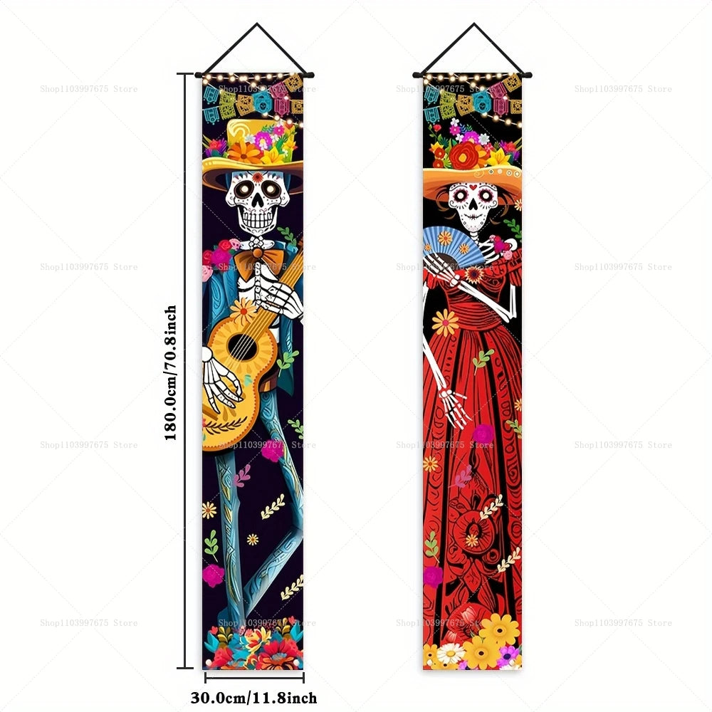Halloween Decorations Dia De Los Muertos Porch Sign Banners Mexico Day of The Dead Hanging Banner for Indoor Outdoor Wall Decor