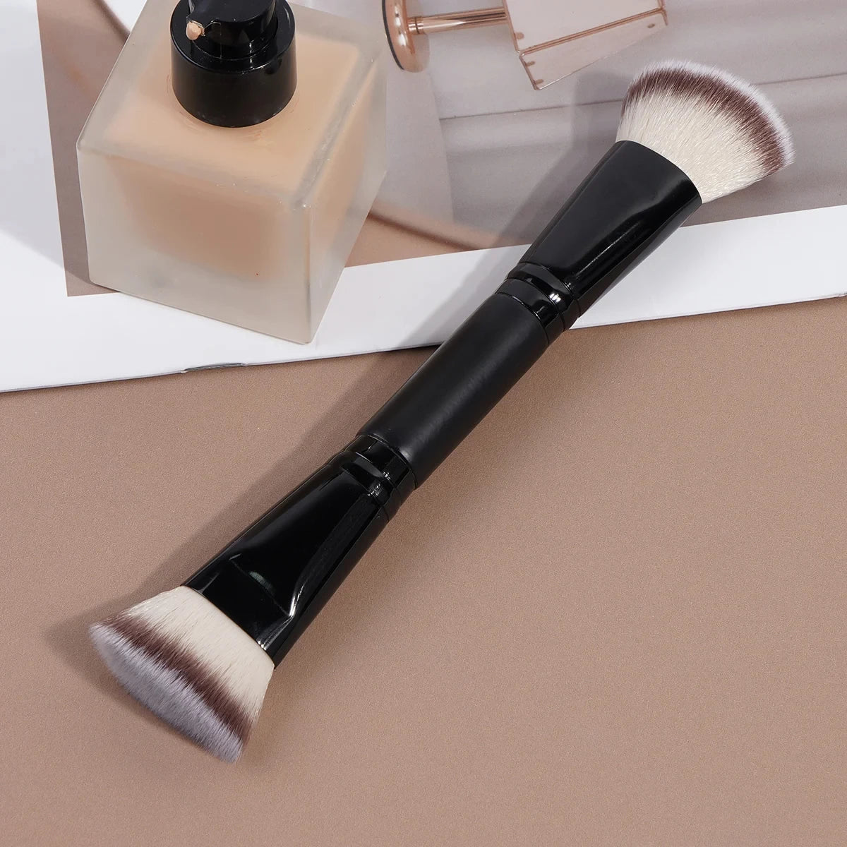 Double Head Makeup Brushes 2 In 1 Flat/Angled Foundation Concealer Contour Brush for Blending Loose Powder Liquid Cream