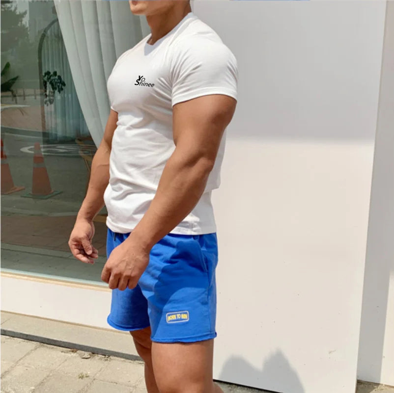 Men Tshirts Short Sleeve Slim Fit Stretch Cotton Muscle T-shirt for Men Bodybuilding Workout Casual GYM Fitness Tee