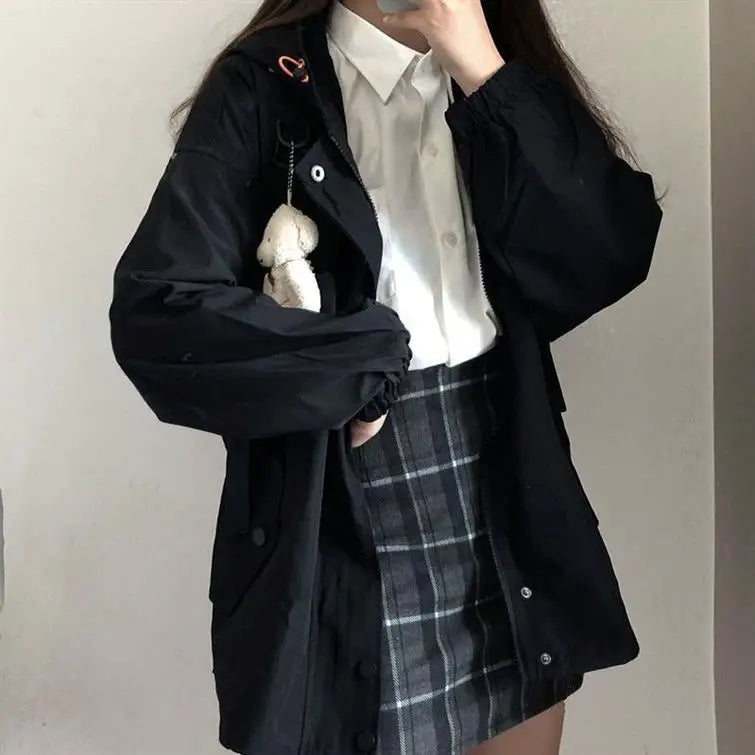 Women Black Jacket with Hood Long Sleeve Work Clothes Pocket Zipper Jacket Coat Woman Loose Casual Outerwear Coat Tops Trend