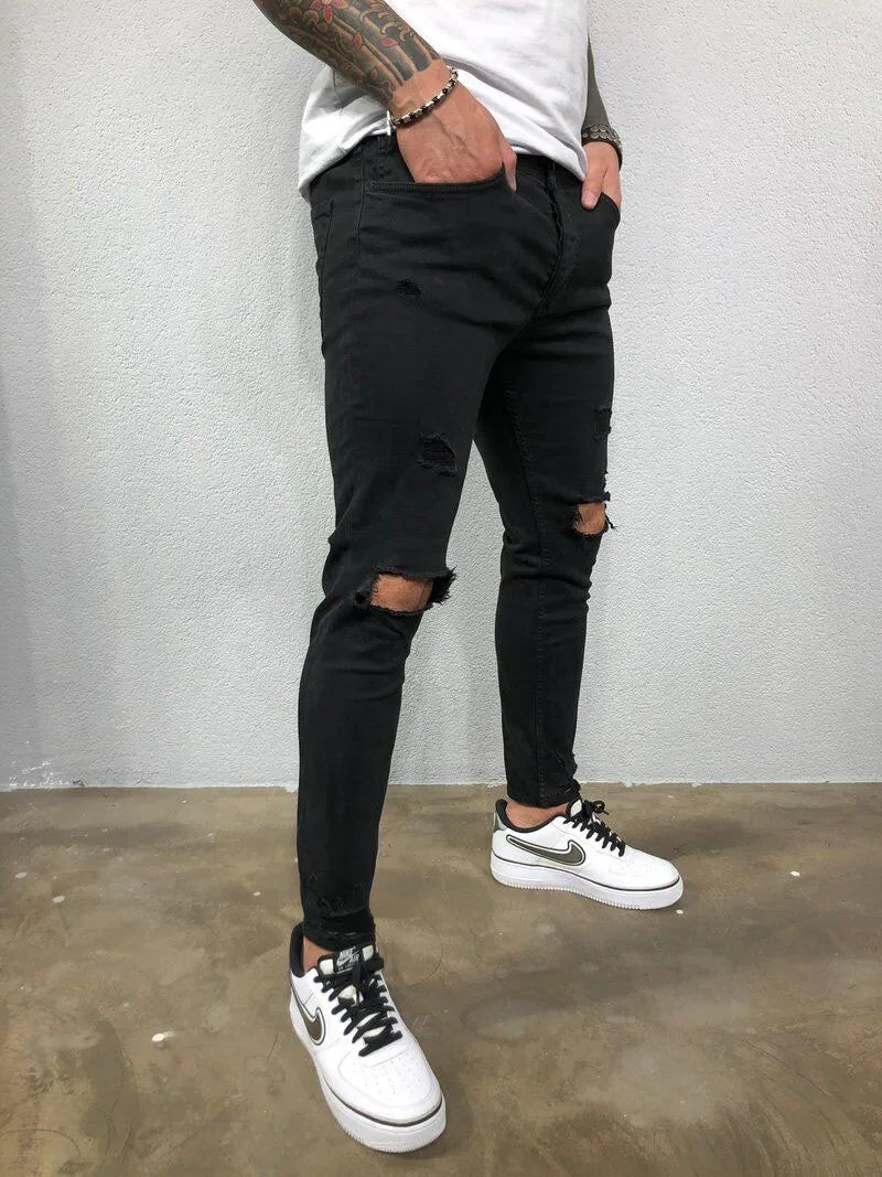 Men's Jeans Streetwear Ripped Skinny Hip Hop Man Fashion Estroyed Oversize Pants Solid Color Male Stretch Casual Denim Trousers