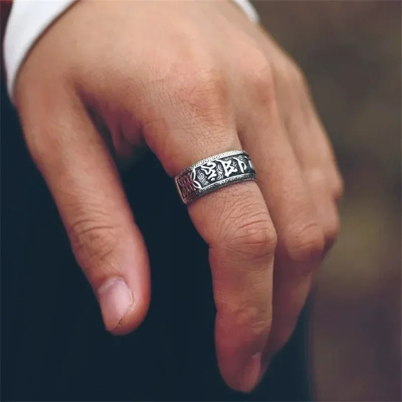 925 Silver Ring Male Finger Accessories Personality Retro Buddhist Scripture Mantra Om Mani Padme Hum Ring For Men Adjustable