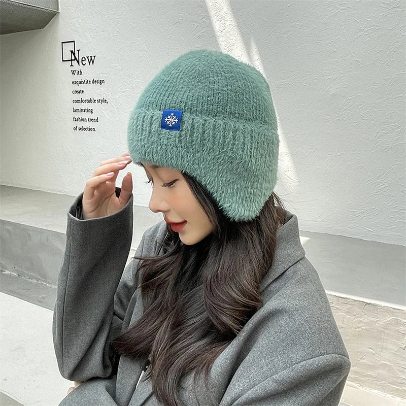 Winter Women Earflap caps Snowflake knitted hats Ear protection hats  Adult Ladies casual mohair beanie cap Gorros