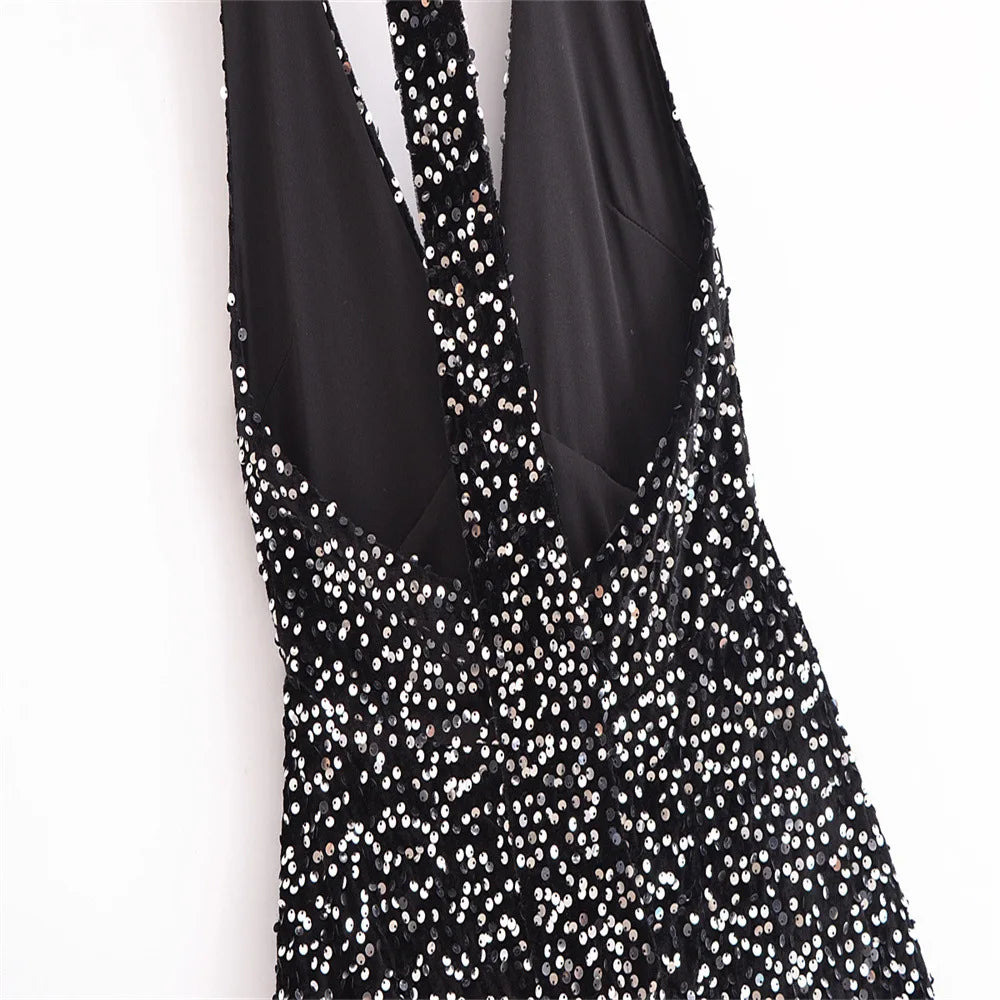 Autumn Winter Women  Sleeveless Slim-fit Sexy Backless Sequin Hanging Neck Mini Dress New Fashion Party Dress for Women Vestido