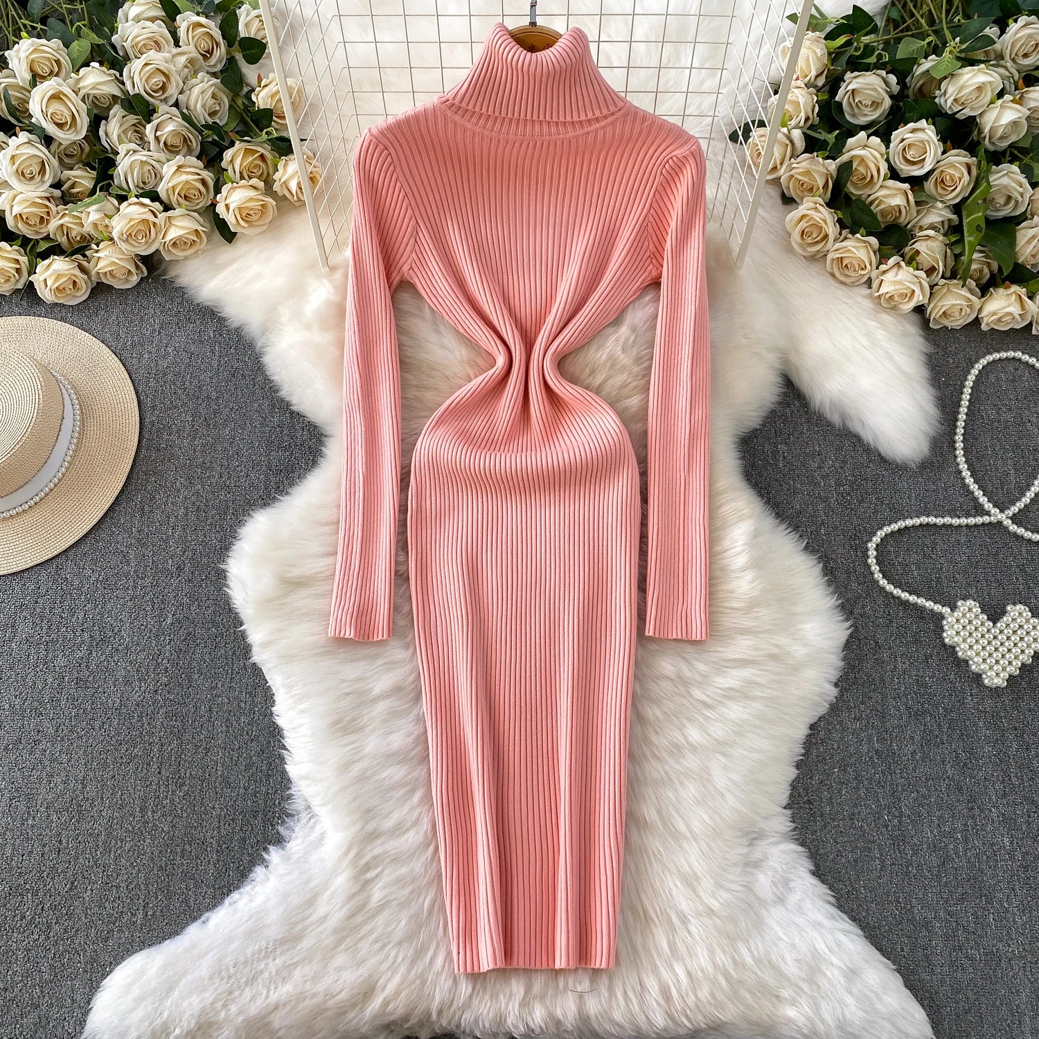 Women Winter Turtleneck Knittign Dress Stretch Slim Long Sleeve Soft Knitwear Dresses Female Casual Lining Simple Bottom Vestido