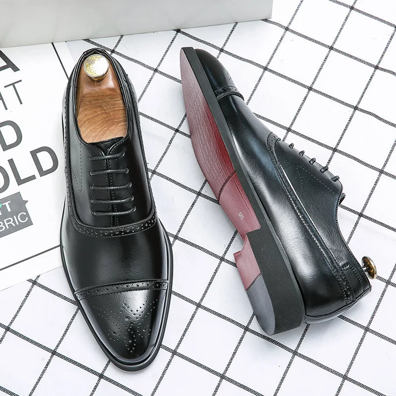 Men's Dress Shoes Red Sole Leather Shoes Pointed Party Shoe Lace-up Office Oxfords Casual Wedding Shoe Retro Business Men Shoes