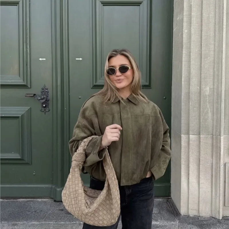 Women's Bomber Jackets Coats Fashion Turn-down Collar Long Sleeve Oversize Coats 2025 Autumn Ladies Vintage Outerwear Chic Tops