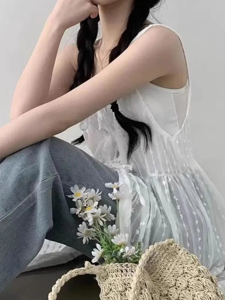 Embroidered Dress for Women in Summer Thin Lace up Layered Vest Long Cover Skirt