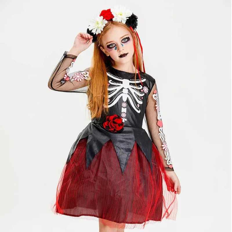 Halloween cosplay girls sleepveless vintage party dress scary skull witch day of the Dead costume #1 # W