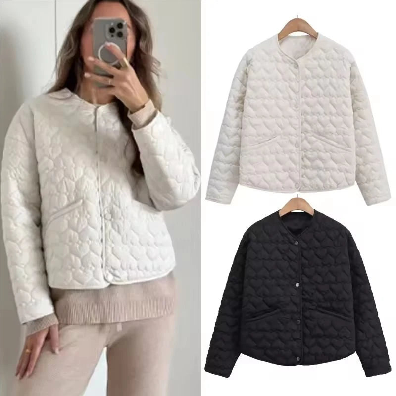 Women Heart Padded Jackets Autumn Winter Long Sleeve Round Neck Coats Solid Color Outerwear Female Warm Parkas Chic Streetwear