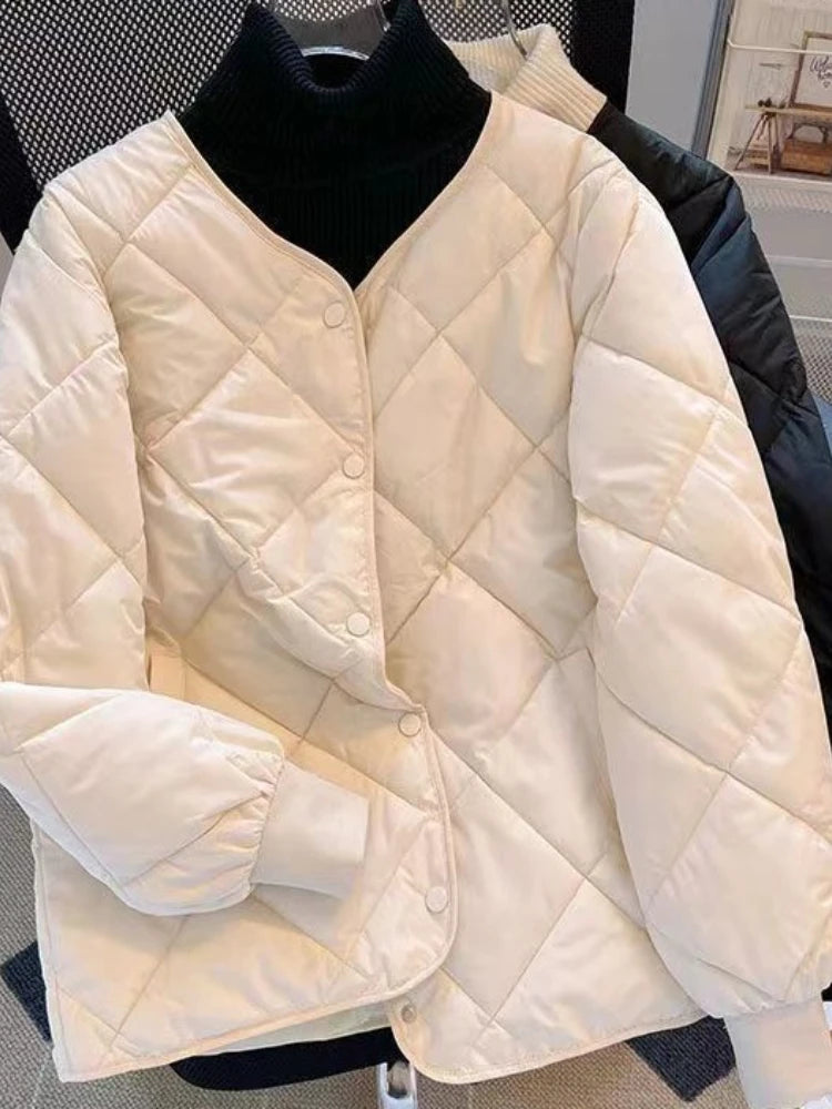 New in Winter Cotton-Padded Jacket for Women New Versatile Lightweight Rhombus Plaid Cotton-Padded Jacket Simple and Stylish