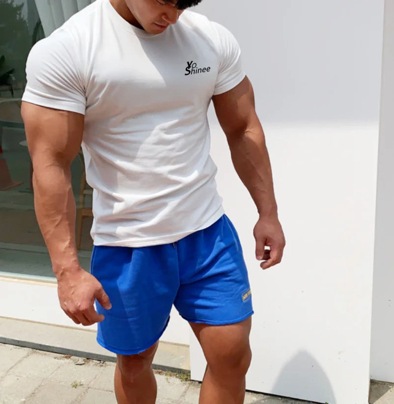 Men Tshirts Short Sleeve Slim Fit Stretch Cotton Muscle T-shirt for Men Bodybuilding Workout Casual GYM Fitness Tee