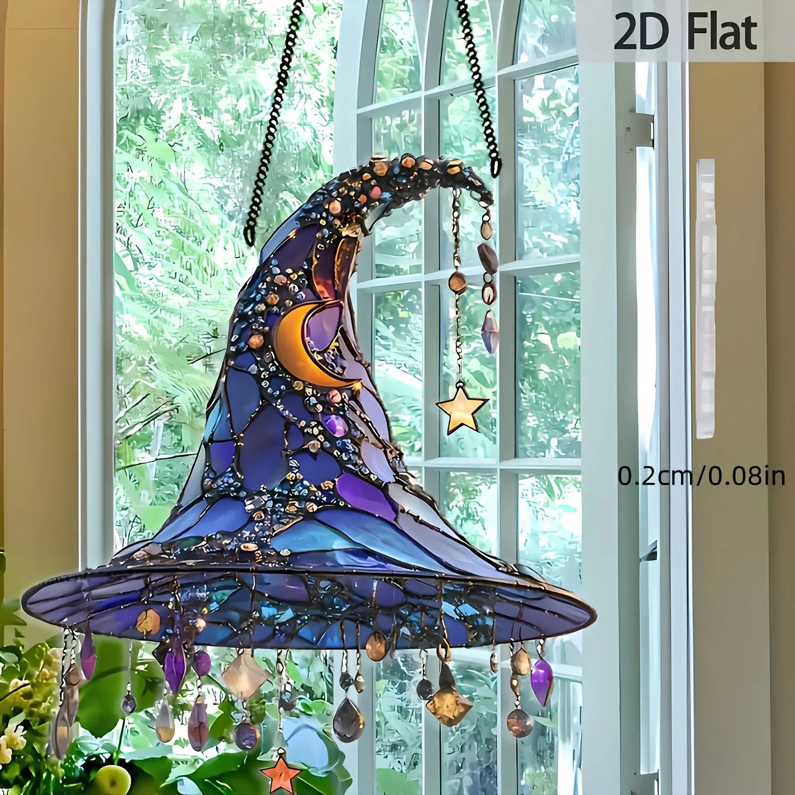 ‌Halloween Witch Hat Ornament Blue Acrylic Hanging Decor Glow in the Dark Party Supplies Moon Star Charm Spooky Home Decoration