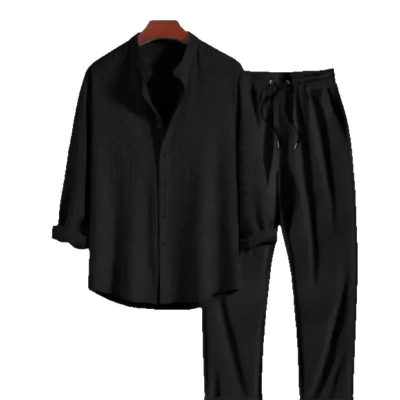 Two-piece set of single-buttoned shirts for men, solid shirts with drawstring, straight pants.