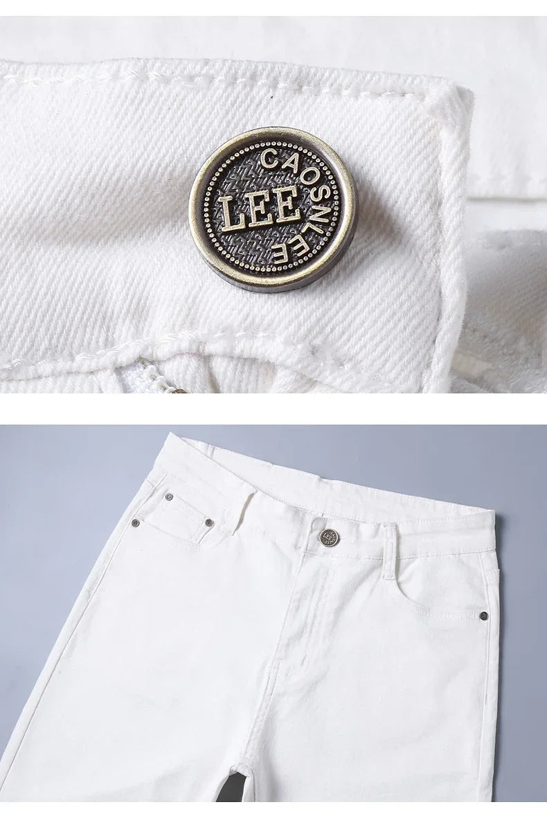 Men's Jeans Pure White Fashion Elastic Slim Youth Slimming Straight Leg Male Pants Business Casual Middle Age High End Trousers