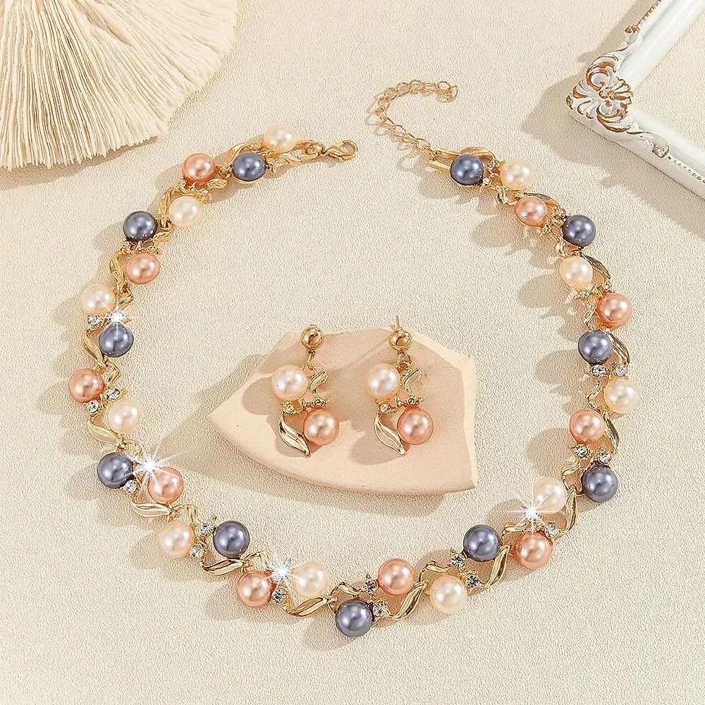Exquisite Elegant Pearl Necklace Rhinestone Metal Colorful Pearl Necklace Dangle Earrings Leaf Necklace Earrings Set Gift
