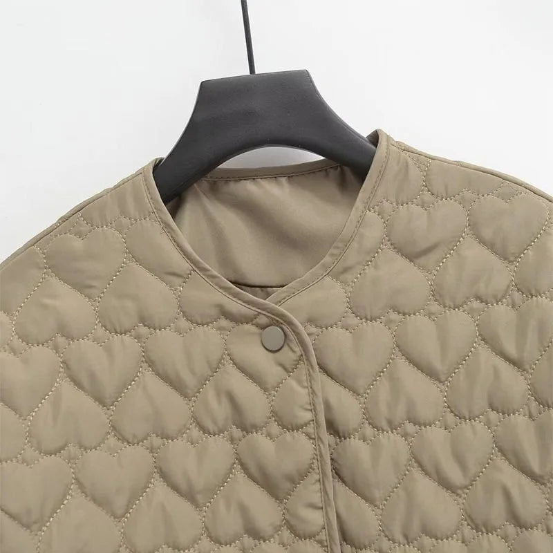 Women Heart Padded Jackets Autumn Winter Long Sleeve Round Neck Coats Solid Color Outerwear Female Warm Parkas Chic Streetwear