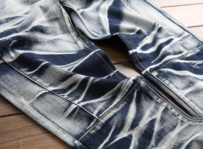 2025 Men's Fashion Vintage Jeans Slim Straight Leg Tie Dye Pleated Biker Denim Pants Male Casual Pants Oversized 42 High Quality