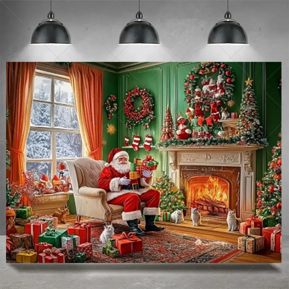 Christmas Party Decoration Winter Fireplace Xmas Tree Background Baby Shower Supplies Banner Photo Prop Backdrop Children Gift