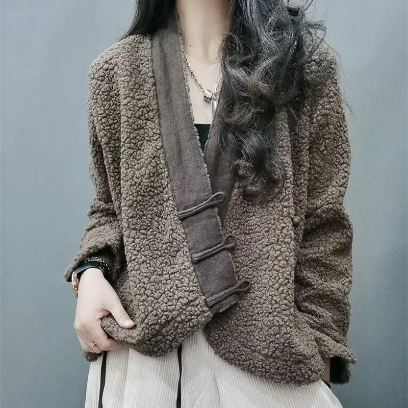 Vintage Jacket Winter New Loose Casual Diagonal Button Short Coat Women Jacket Outerwear Coats Casual Jackets Winter