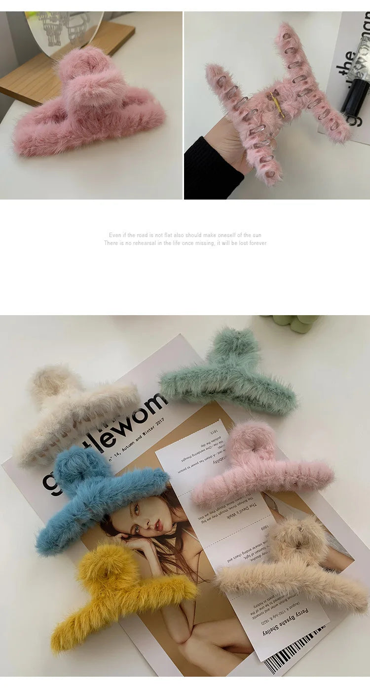 Winter Faux Fur Hair Claws for Women Elegant Acrylic Crab Barrette Hairpin Girls Hair Accessories Furry Headwear Hair Claw Clip