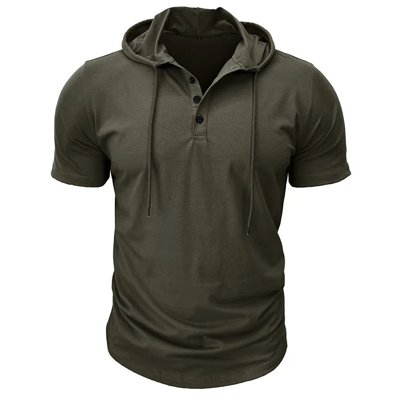 Men's Short-sleeved T-shirts for Sports and Fitness American-style Henley Shirt Hooded Top