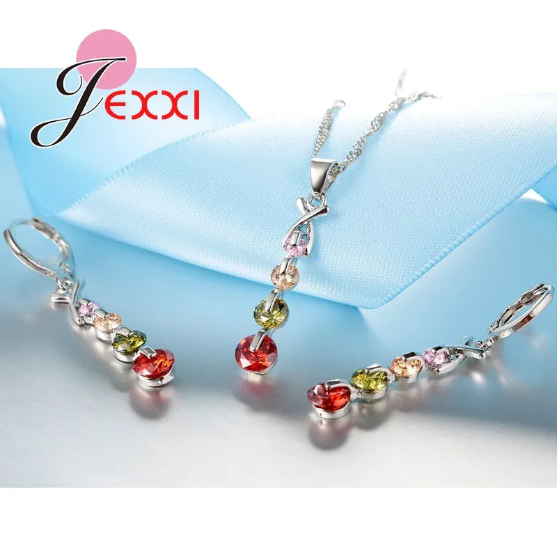 Mixed Crystal Elegant Women Jewellery Sets For Wedding Accessory 925 Sterling Silver Necklaces Earrings Set Wholesale New