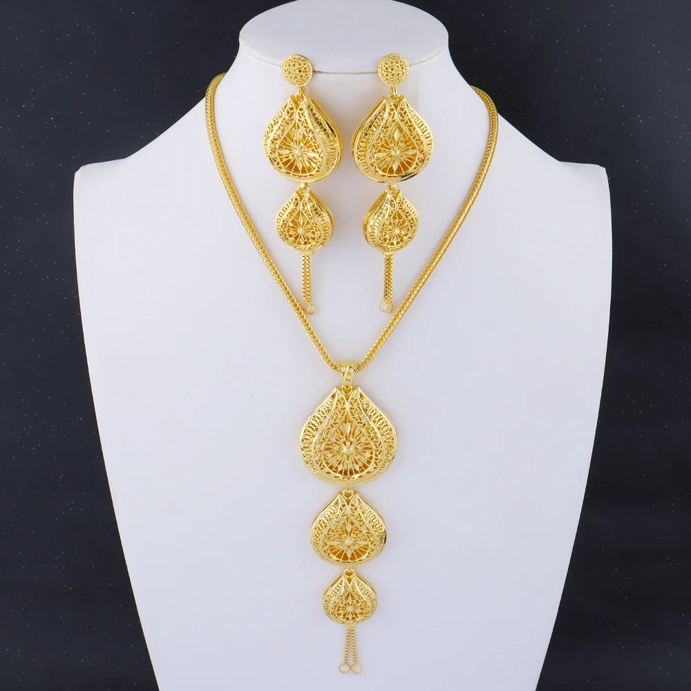 Luxury Indian Jewellery Earrings Necklace Jewelry Set for Women Dubai Gold Color African Earring Jewelry Gift for Party Wedding