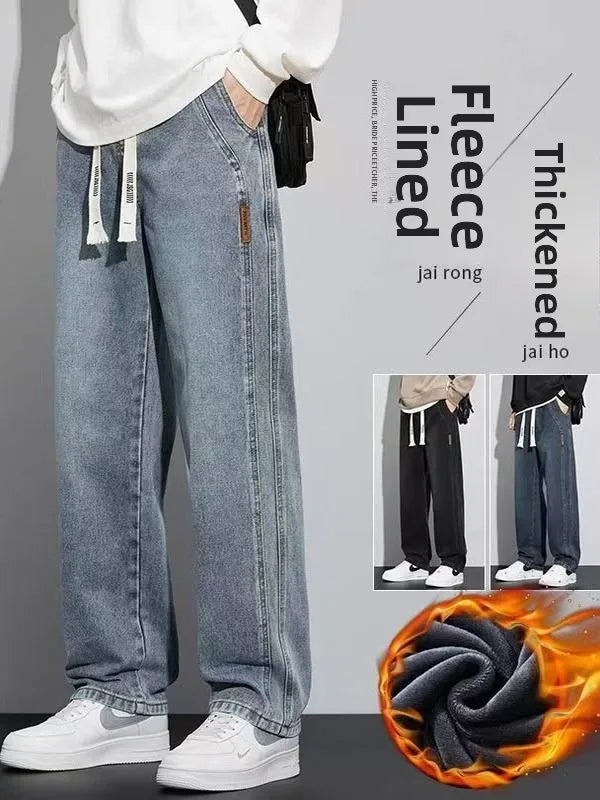 Retro American Wide Leg Men's Jeans Thiened Fce Lined Loose Fit Autumn Winter Wear Resistant Long Trousers Casual Cotton...