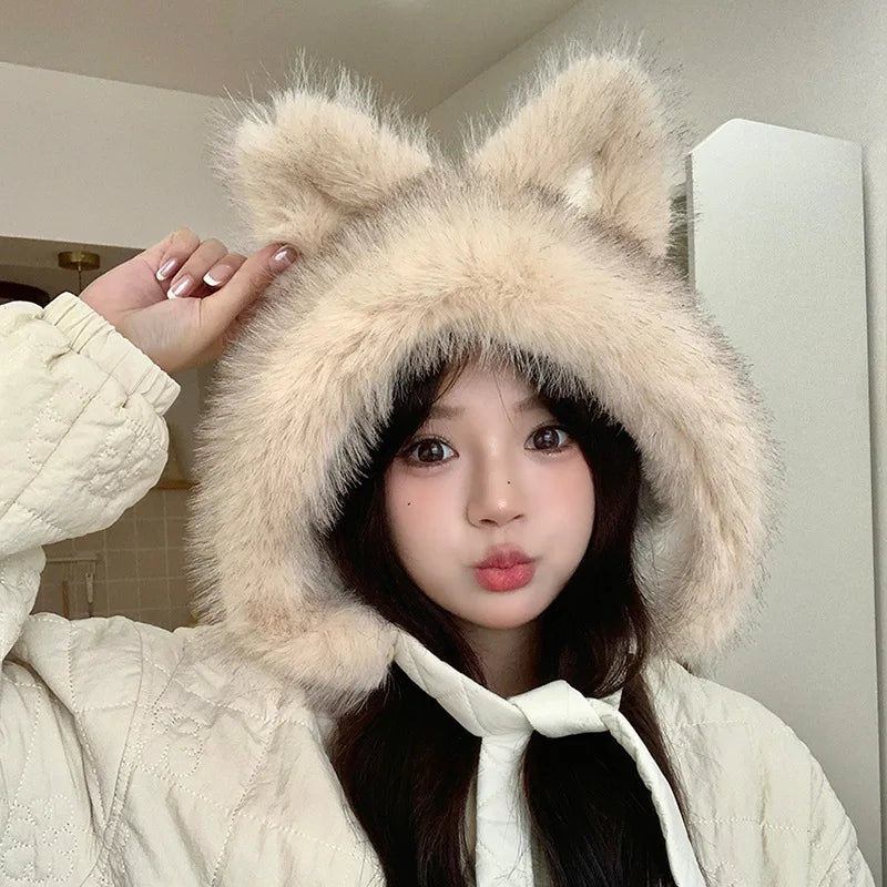 Winter Hat Thicken Ski Beanie Hat for Women Balaclava Spicy Girl Style Cat Girlfriend Hat Outdoor  Warm Protection Accessories